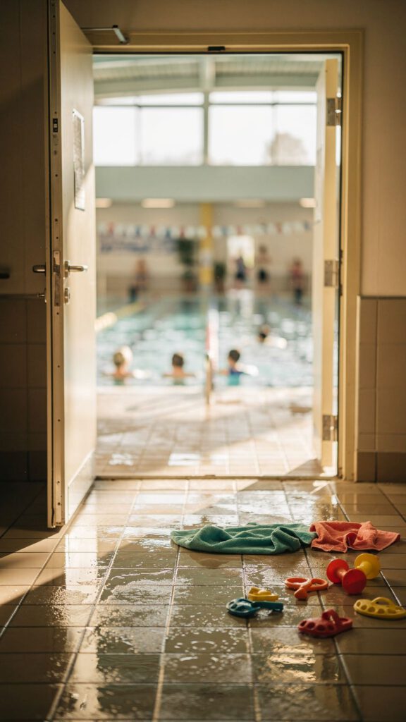 Eine offene Tür eines öffentlichen Bades, helles Licht strömt heraus, einige Schwimmspielzeuge und Handtücher auf dem Boden